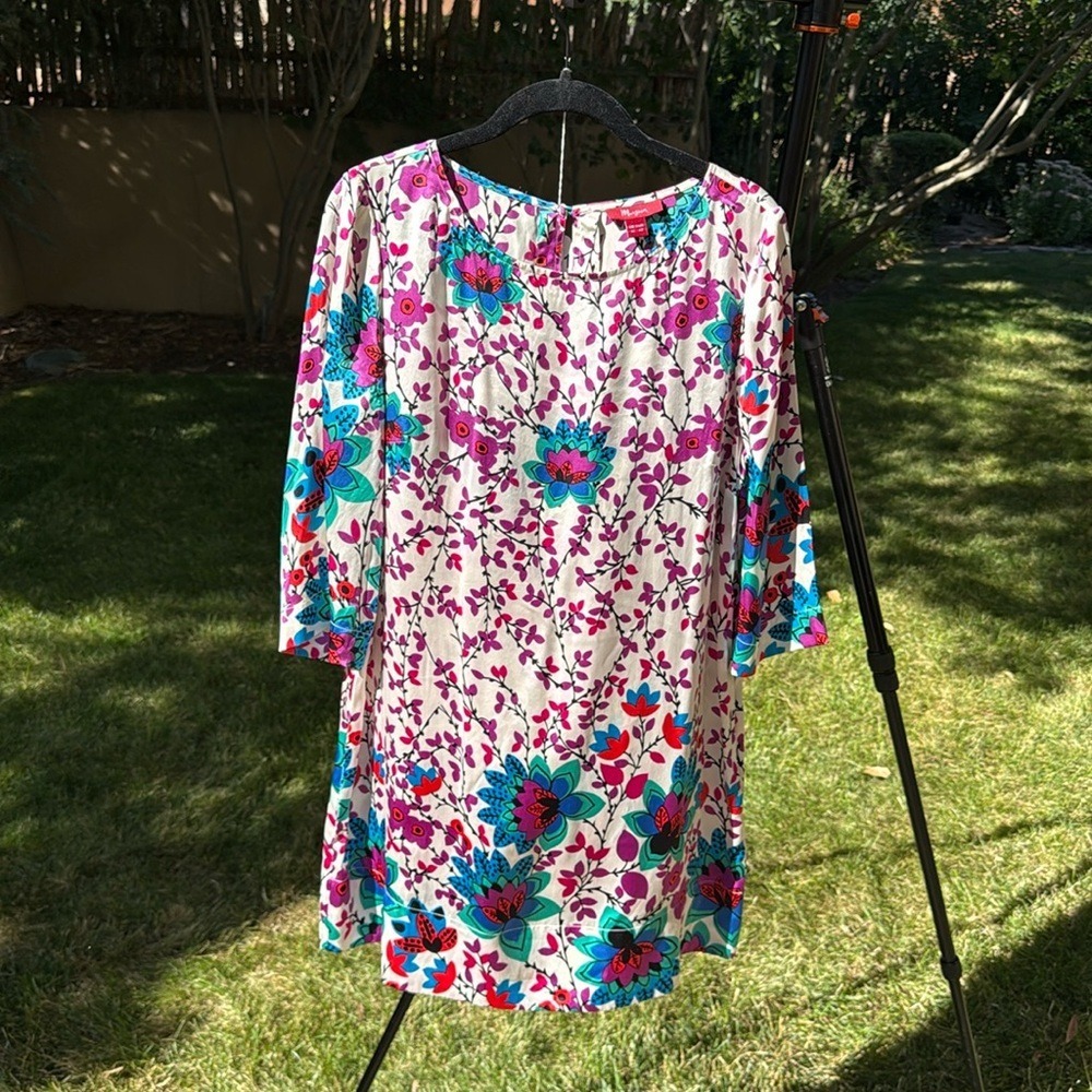 Monsoon 100% Silk Floral Print Shift Dress Pink Teal Cream US 10 UK 14 EUR 42 - Picture 5 of 7